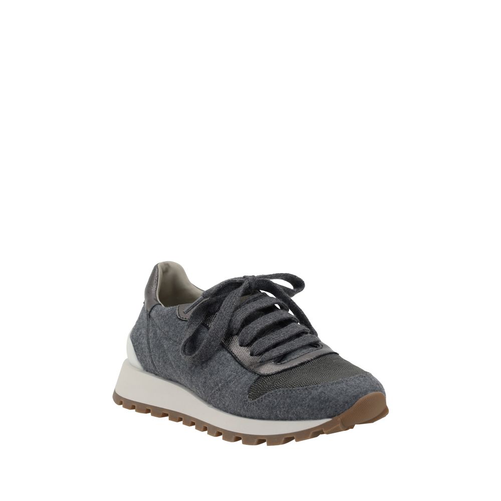 Brunello Cucinelli Gray Fleece Wool Sneakers with mélange fabric, lace-up closure, round toe, knurled sole, and shiny bead detail.