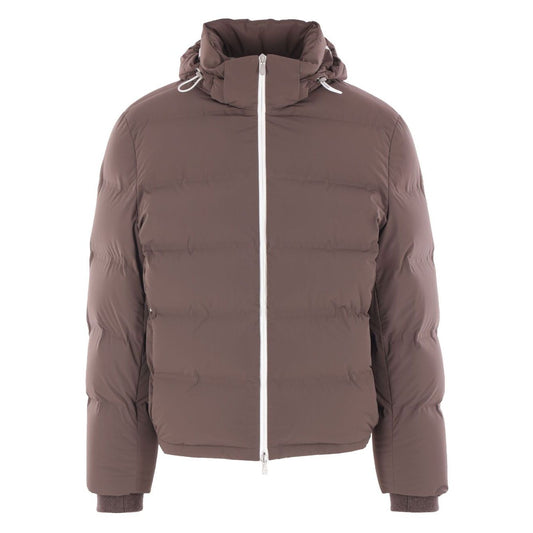 Brunello Cucinelli Hooded down-filled coat - brown quilted design, zip front, long sleeves, hooded neckline, luxurious winter jacket.