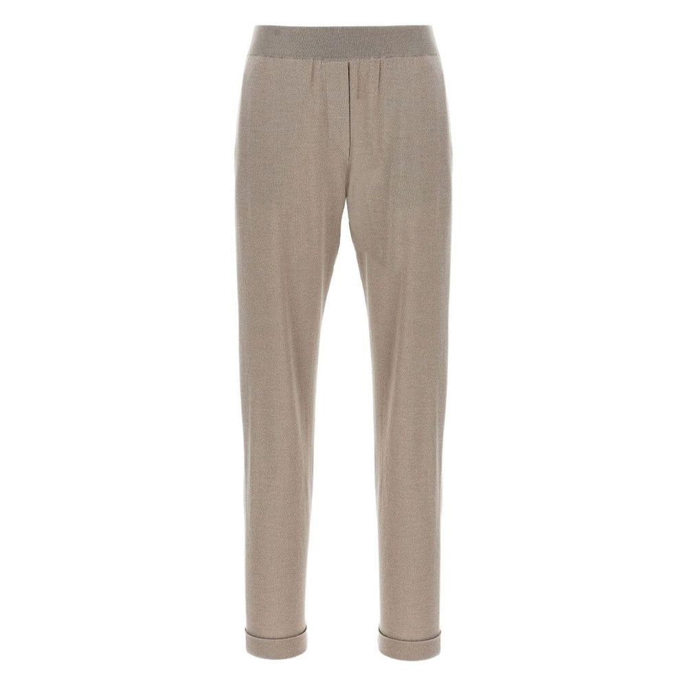 Brunello Cucinelli Lurex-detail trousers, taupe grey with elasticised waistband and cuffed hems, tapered wool-silk blend.