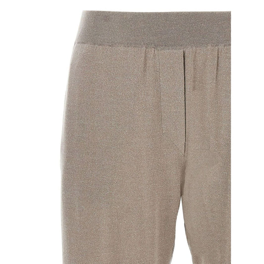 Brunello Cucinelli Lurex-detail trousers with taupe grey color, elasticised waistband, and cuffed hems in wool and silk blend.