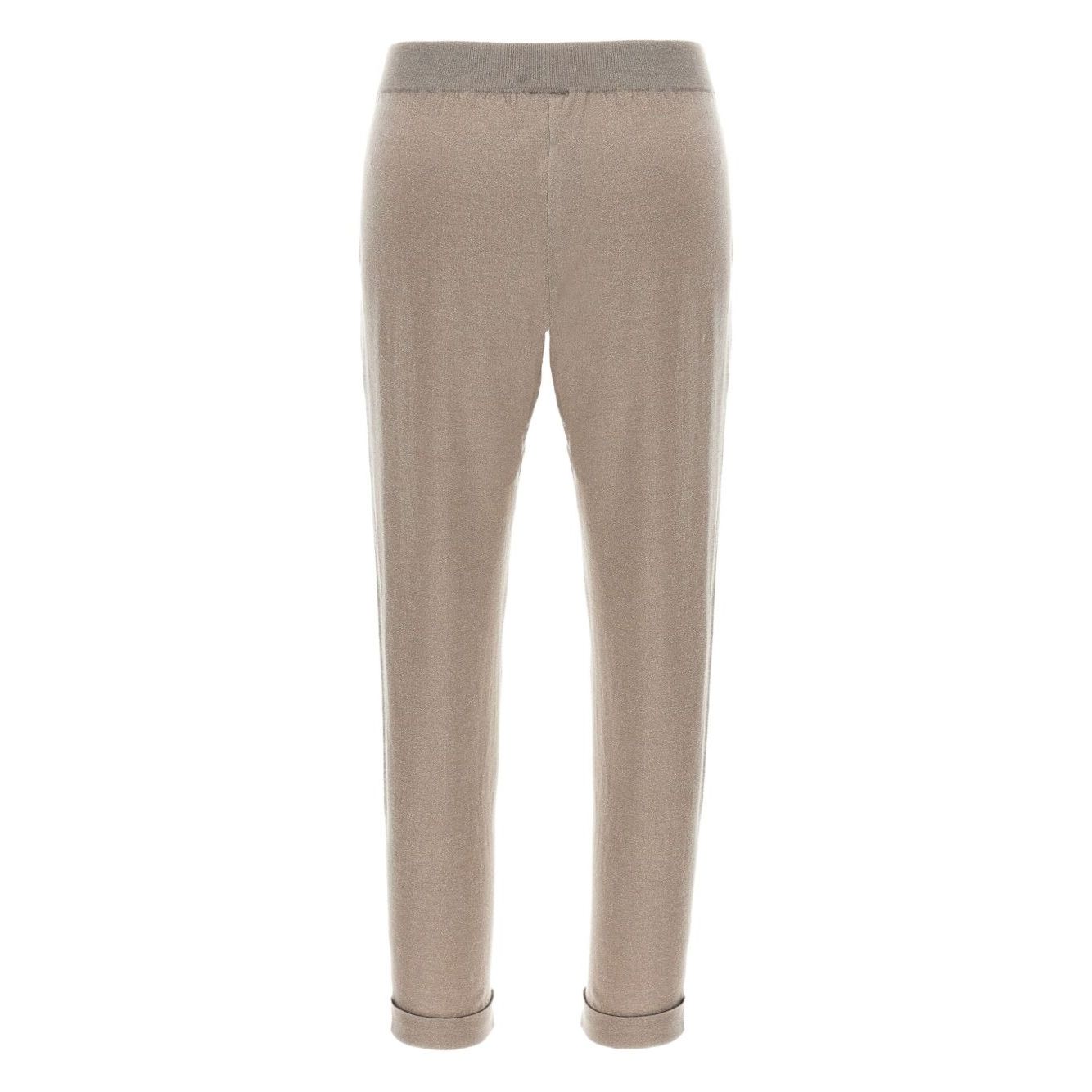 Back view of Brunello Cucinelli Lurex-detail trousers in taupe grey with elasticised waistband and cuffed hems.