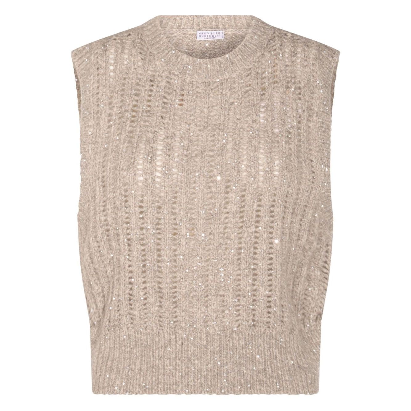 Brunello Cucinelli Natural Knitted Crewneck Vest in beige with sequin embellishments, sleeveless wool design, true to size fit.