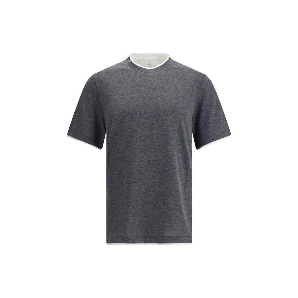 Brunello Cucinelli Silk T-Shir with two-tone hems, featuring a contemporary monochrome design and refined silk material.