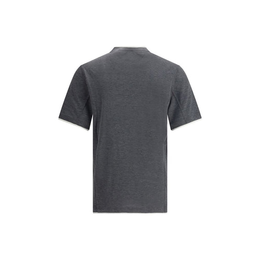 Brunello Cucinelli Silk T-Shir in dark monochrome with elegant two-tone hem design showcasing contemporary style.