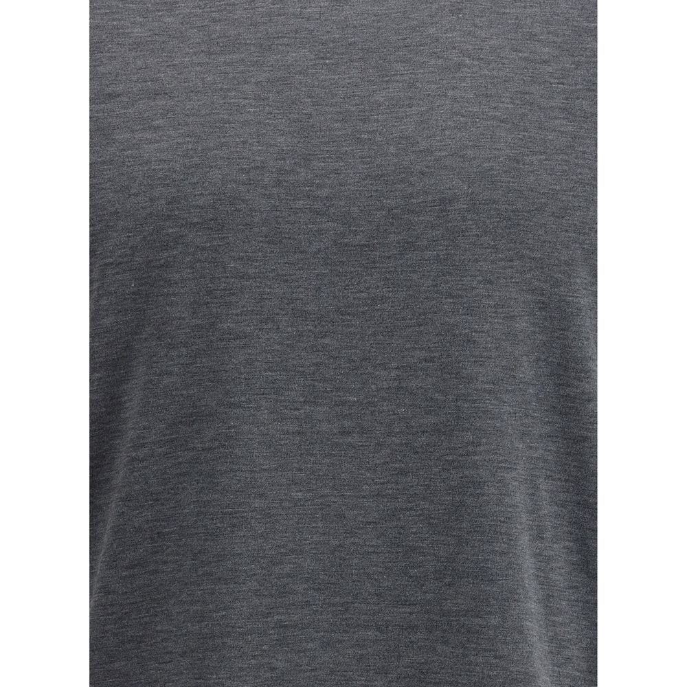 Close-up view of a Brunello Cucinelli Silk T-Shir in a monochrome dark grey color, showcasing its smooth silk texture and elegant design.