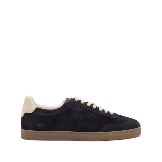 Brunello Cucinelli Suede sneakers with dark blue suede upper, leather detail, flat laces, rubber sole, and round toe.
