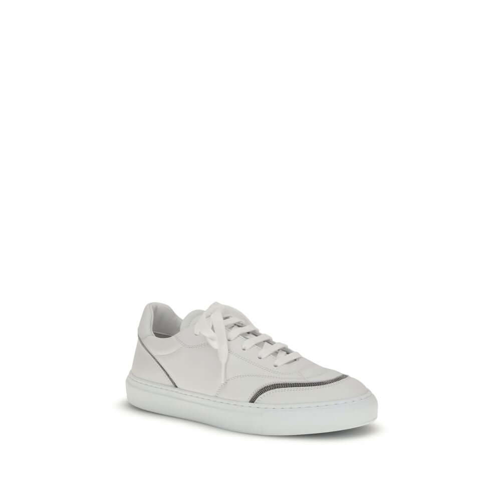 Brunello Cucinelli White Calf Leather Bos Taurus Low Top Sneakers with monili details and rubber sole for AW25 season.