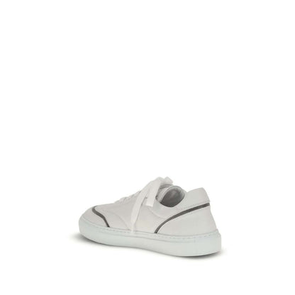 Rear view of Brunello Cucinelli White Calf Leather Bos Taurus Low Top Sneakers with shiny details and TPU rubber sole.