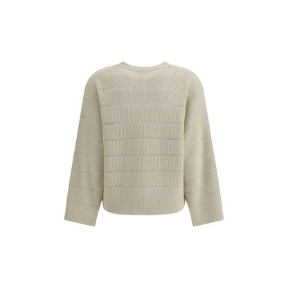 Back view of Brunello Cucinelli White Cashmere Cashmere Sweater with ribbed knit texture, crew neck, and wide sleeves.