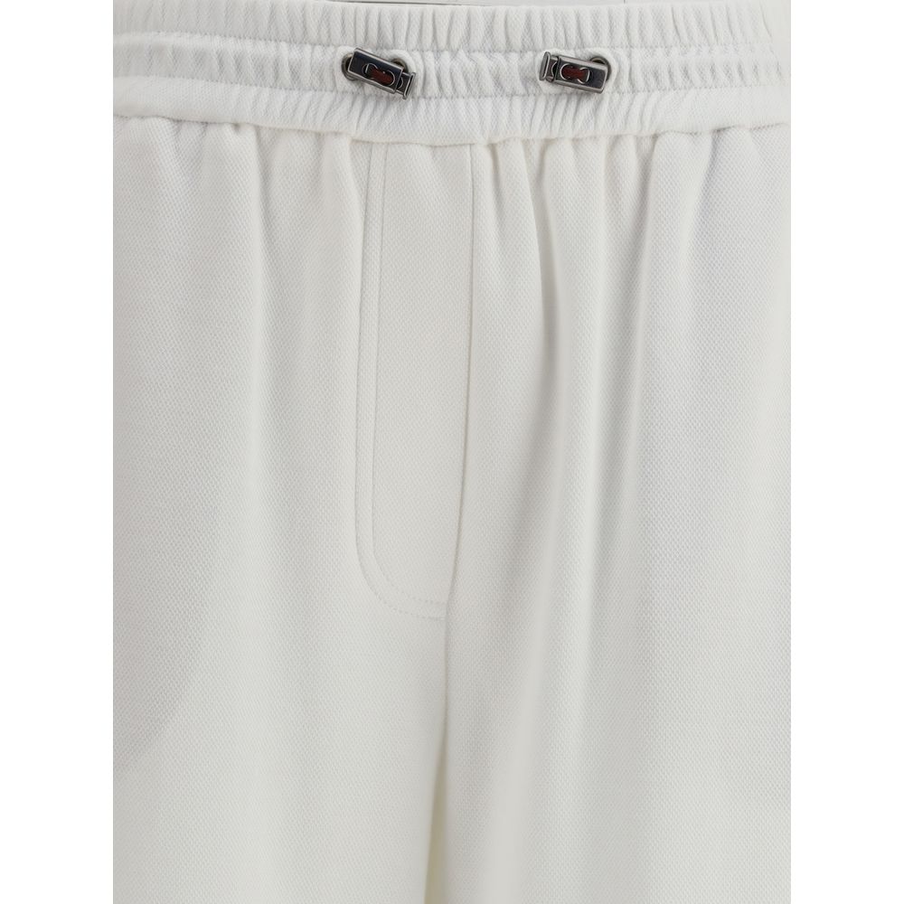 Close-up of Brunello Cucinelli White Cotton Joggers with elasticized waistband, showcasing luxury workout pants design.