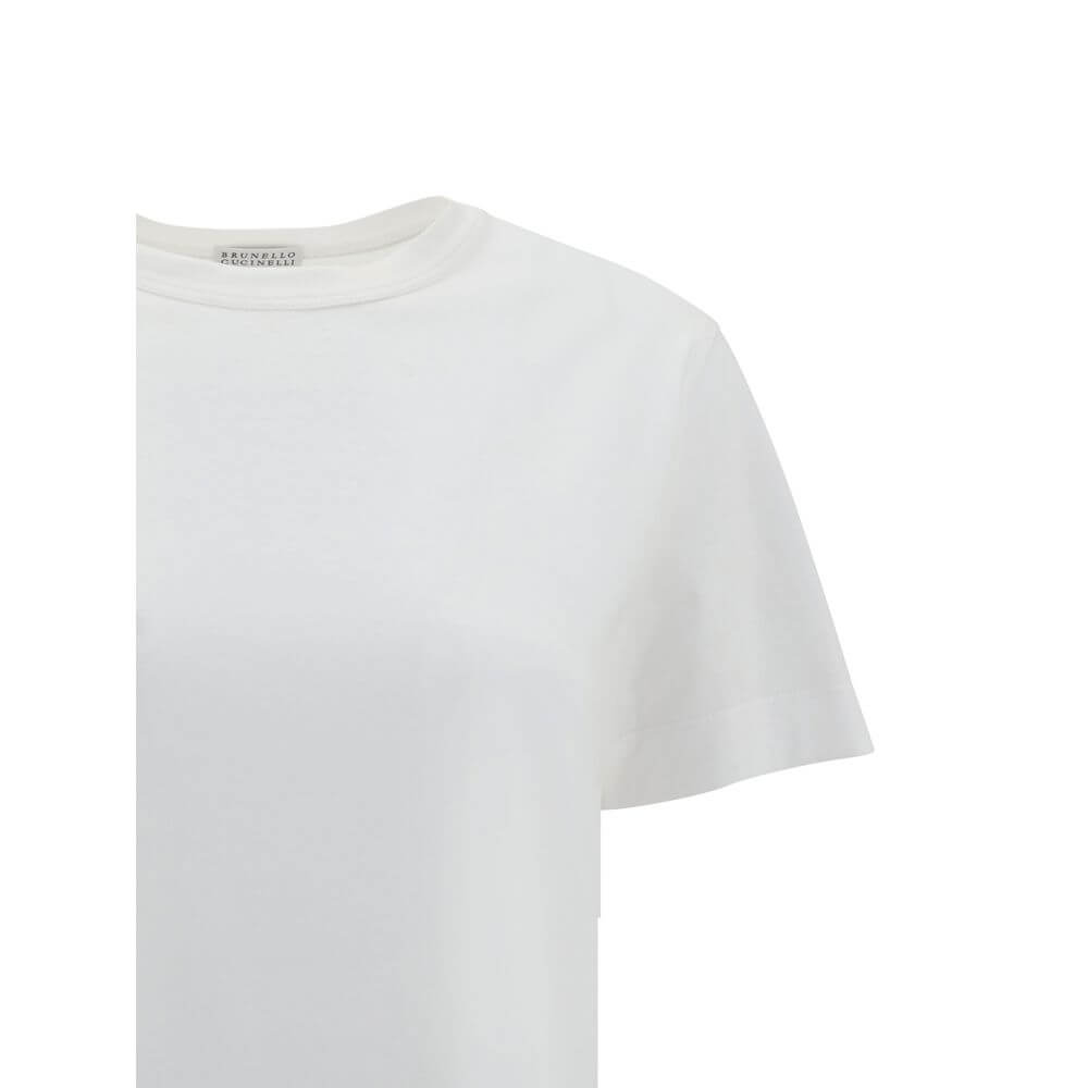 Brunello Cucinelli White Cotton T-Shirt with ribbed crew neck and jewel detail, elegant design, versatile for casual and dressy occasions.