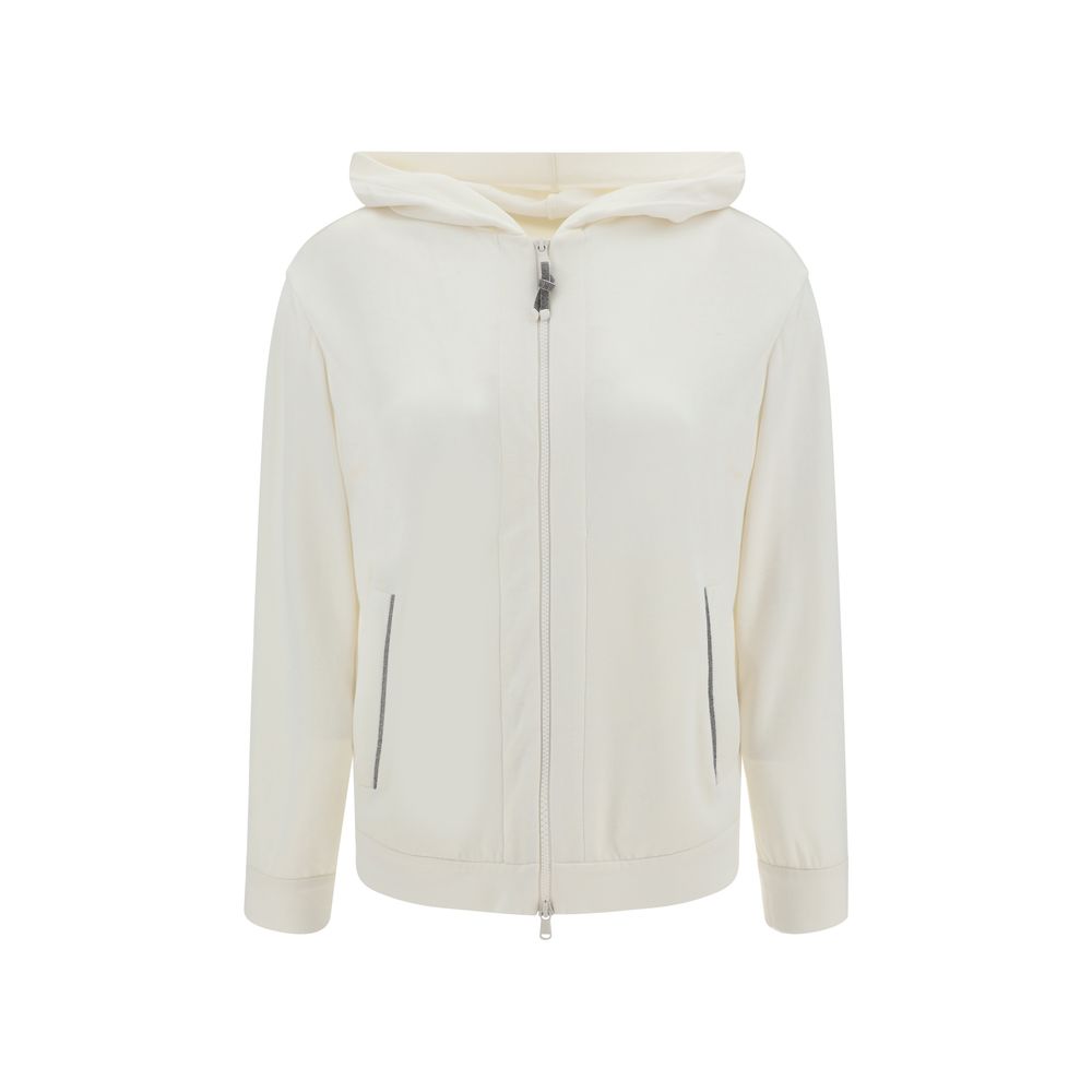 Brunello Cucinelli White Silk Sweatshirt with zipper closure and jewel embellished pockets, combining elegance and casual comfort.