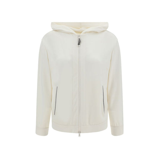 Brunello Cucinelli White Silk Sweatshirt with zipper closure and jewel embellished pockets, combining elegance and casual comfort.