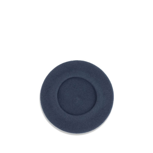 Brunello Cucinelli Wool Basque Hat with precious details in navy blue, elegant seasonal accessory, pure wool, unlined design, jewel decoration.