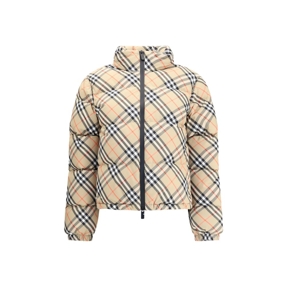 Burberry Beige Polyester Coat with iconic check pattern, featuring a packaway hood, double-slider zipper, adjustable hem, and side pockets.