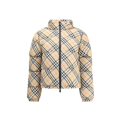 Burberry Beige Polyester Coat with iconic check pattern, featuring a packaway hood, double-slider zipper, adjustable hem, and side pockets.