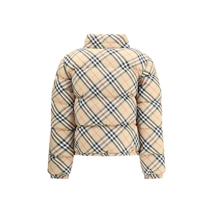 Burberry Beige Polyester Coat with iconic check pattern, featuring regular fit, packaway hood, and double-slider zipper closure.
