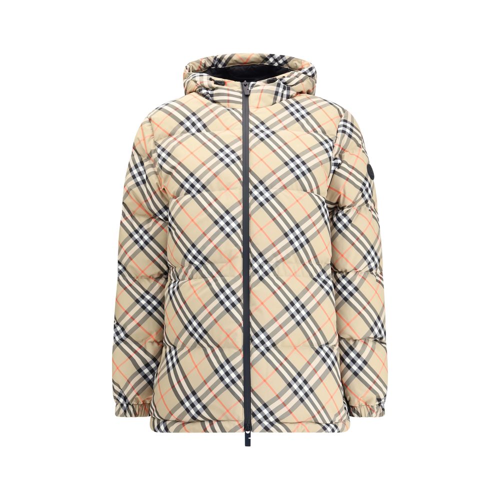 Burberry Beige Polyester Full-Length Jacket with iconic check pattern, adjustable hood, and side pockets.