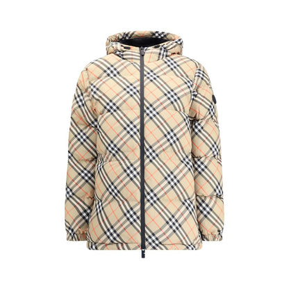 Burberry Beige Polyester Full-Length Jacket with iconic check pattern, adjustable hood, and side pockets.