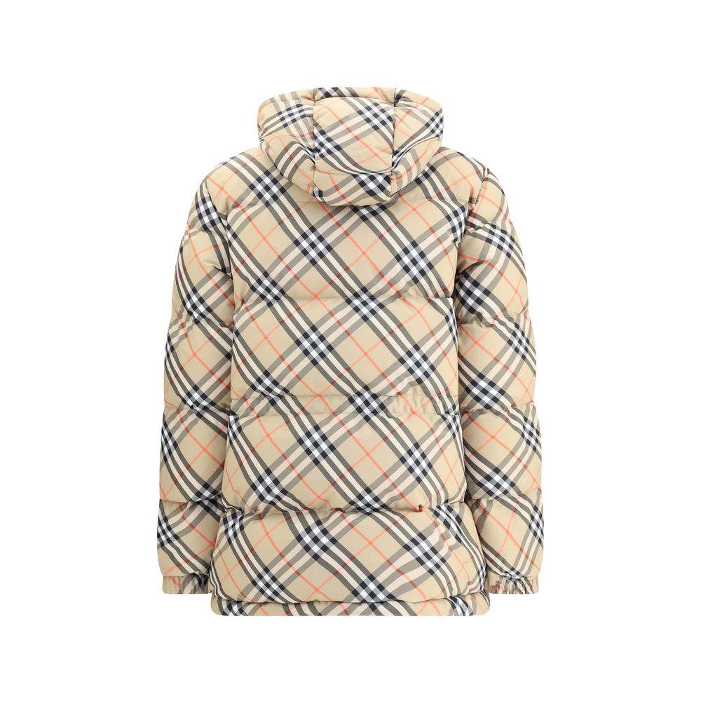 Burberry Beige Polyester Full-Length Jacket with iconic check pattern, hood, adjustable drawstring waist, and double-slider zipper closure.