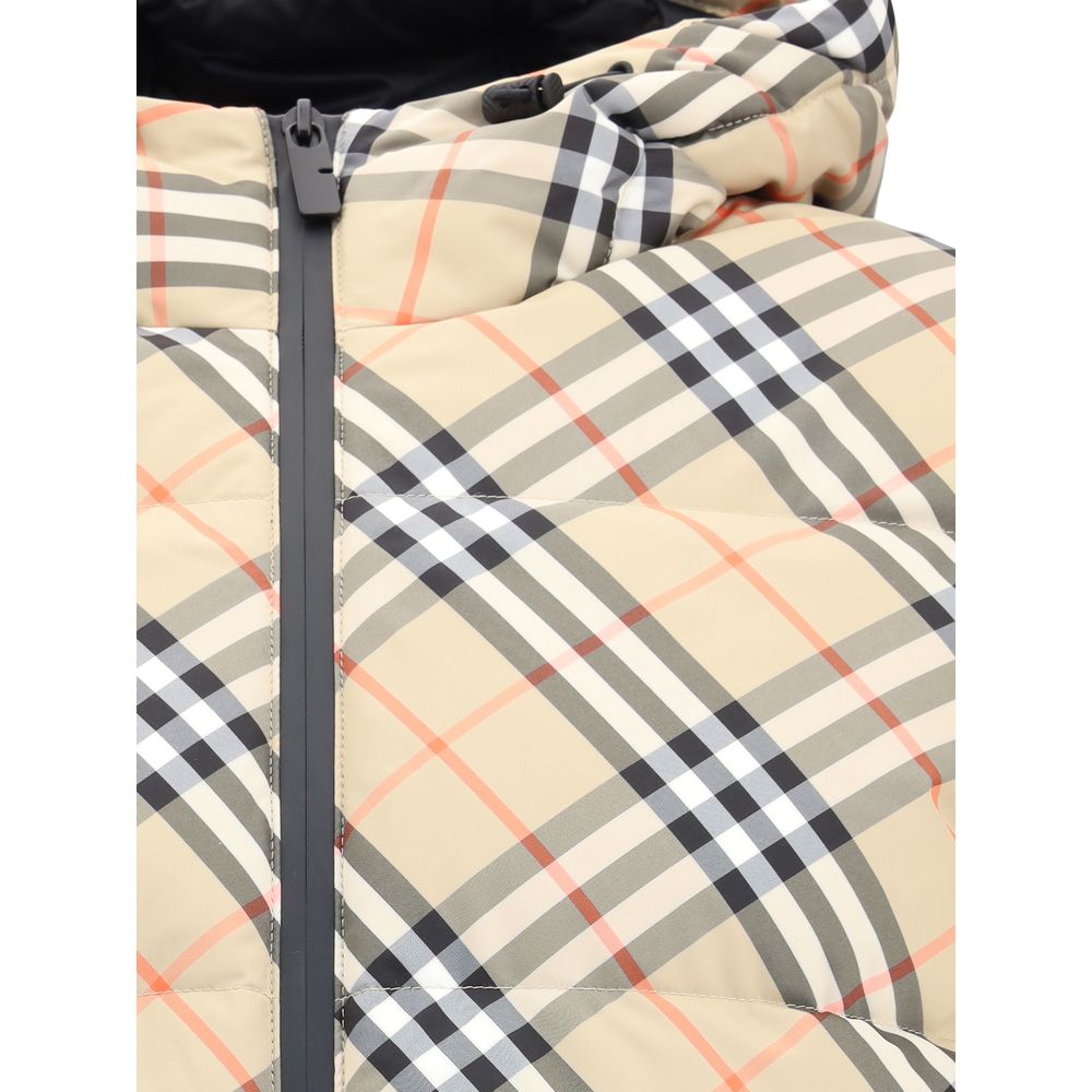 Close-up of Burberry Beige Polyester Full-Length Jacket featuring iconic check pattern and adjustable hood.