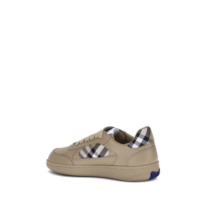 Burberry Beige Rubber Low Top Sneakers with signature Check pattern and Equestrian Knight label, side view.