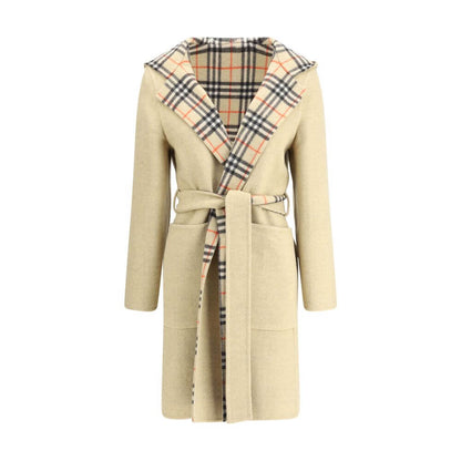Burberry Beige Wool Coat with reversible design, featuring iconic Burberry Check pattern and detachable belt for a tailored fit.