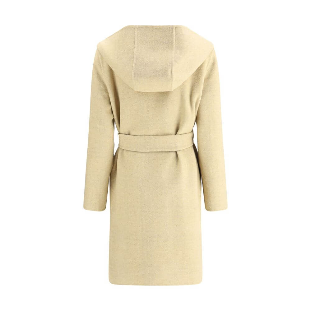Burberry Beige Wool Coat with hood, reversible design with Burberry Check pattern and detachable belt, back view.