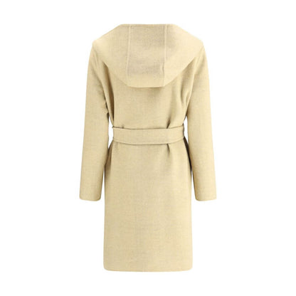 Burberry Beige Wool Coat with hood, reversible design with Burberry Check pattern and detachable belt, back view.