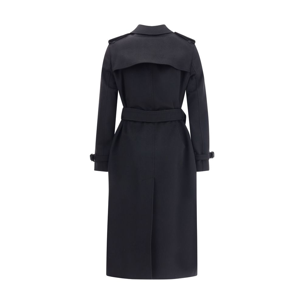 Back view of Burberry Black Cashmere Coat with belt and epaulettes, showcasing iconic styling and structured design.