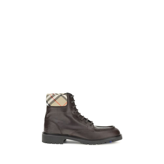 Burberry Brown Calf Leather Bos Taurus Lace-Up Boots with Equestrian Knight Design and Burberry Check collar, AW25 collection.