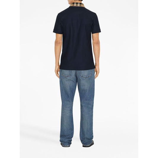 Back view of a navy blue Burberry Cotton polo shirt with Vintage Check collar, short sleeves, and straight hem.