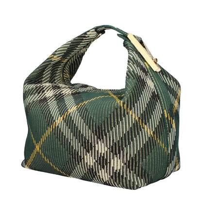 Burberry Green Fabric Handbag with check print, medium size, gold details, zip closure, 33.5x19x17 cm dimensions.