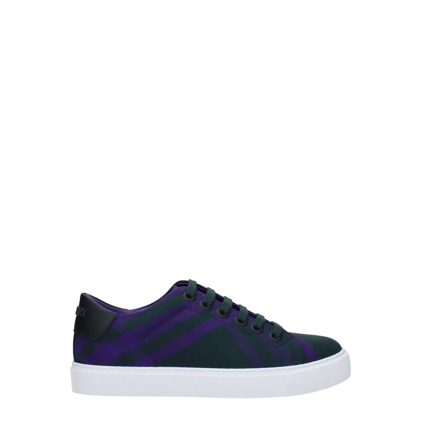 Burberry Green Fabric Sneakers with check pattern, lace-up closure, violet accents, and rubber sole. Style: Casual. MPN: 8075376.