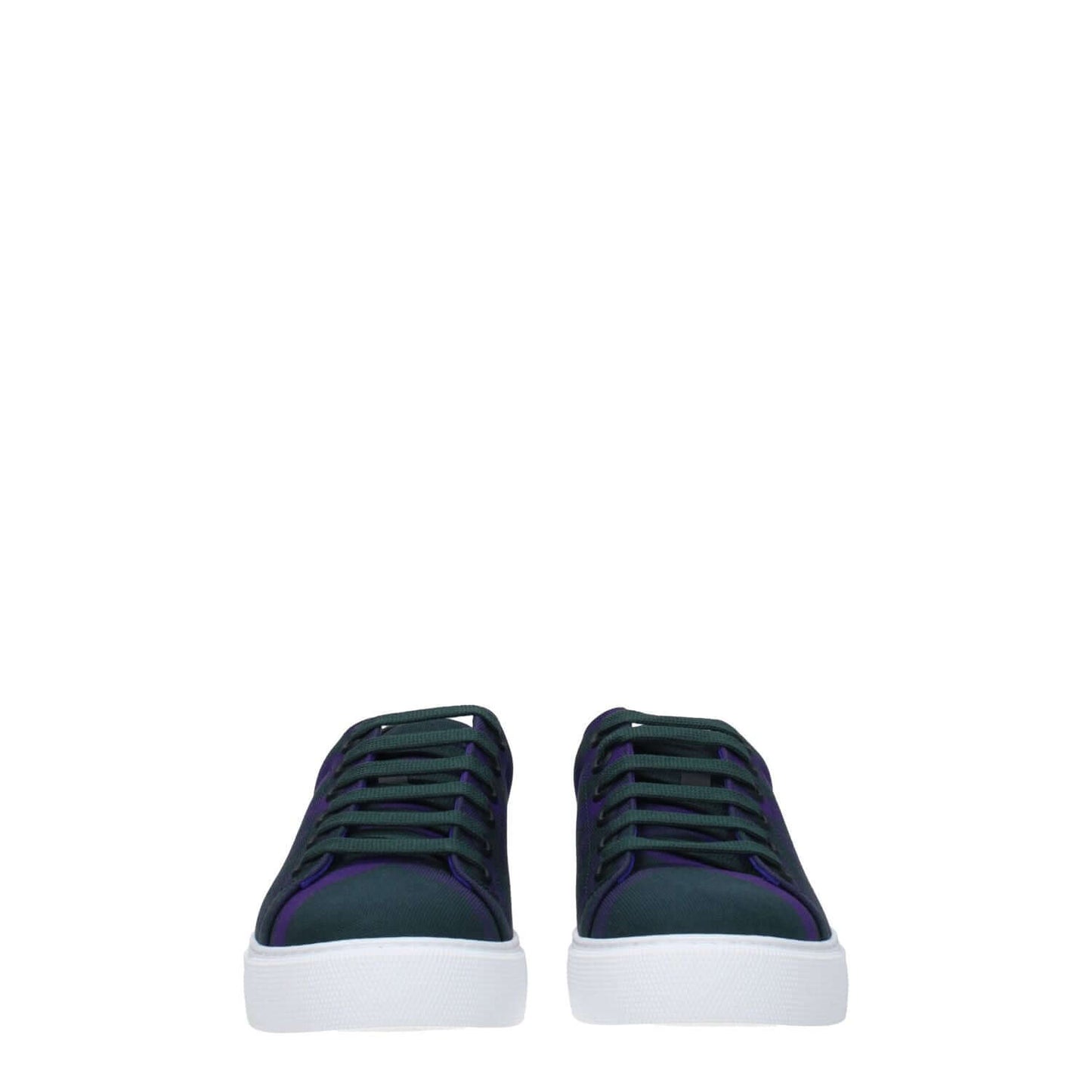 Front view of Burberry Green Fabric Sneakers with violet accents, featuring a check pattern, lace-up closure, and rubber sole.