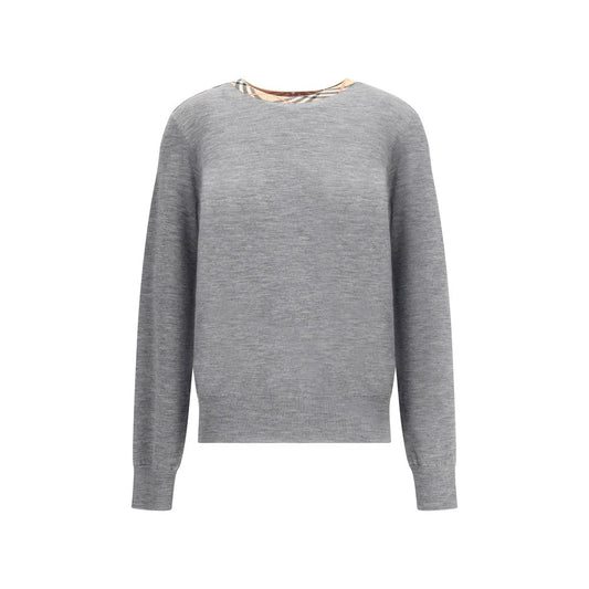 Burberry Knit Roundneck pullover with check trim and ribbed details, showcasing iconic British style in soft wool.