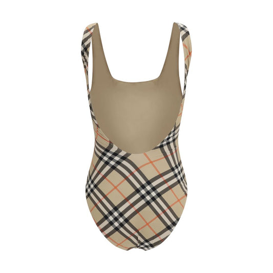 Back view of Burberry One piece Swimsuit featuring Archivio Check pattern with deep neckline and thin straps for a refined silhouette.