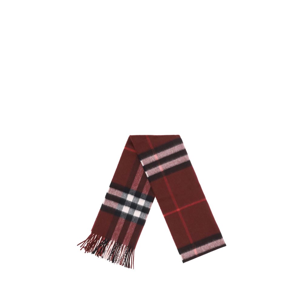 Burberry Red Cashmere Scarf with classic check pattern, ultra-soft finish, fringed ends, and luxurious craftsmanship from Scotland.