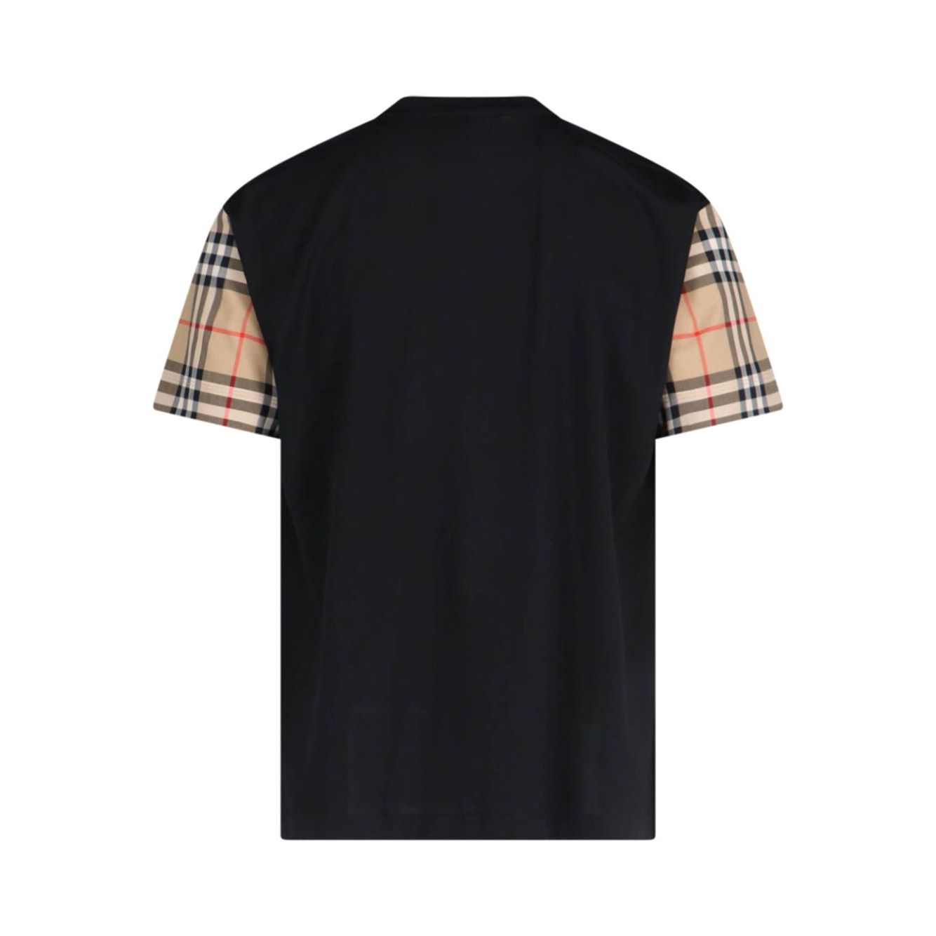 Burberry Vintage Check-sleeve T-shirt in black with Vintage Check pattern on sleeves, crew neck, and short sleeves, cotton material.
