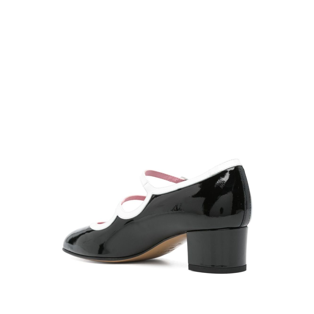 CAREL PARIS With Heel Black patent leather pumps with low block heel and double buckle fastening.