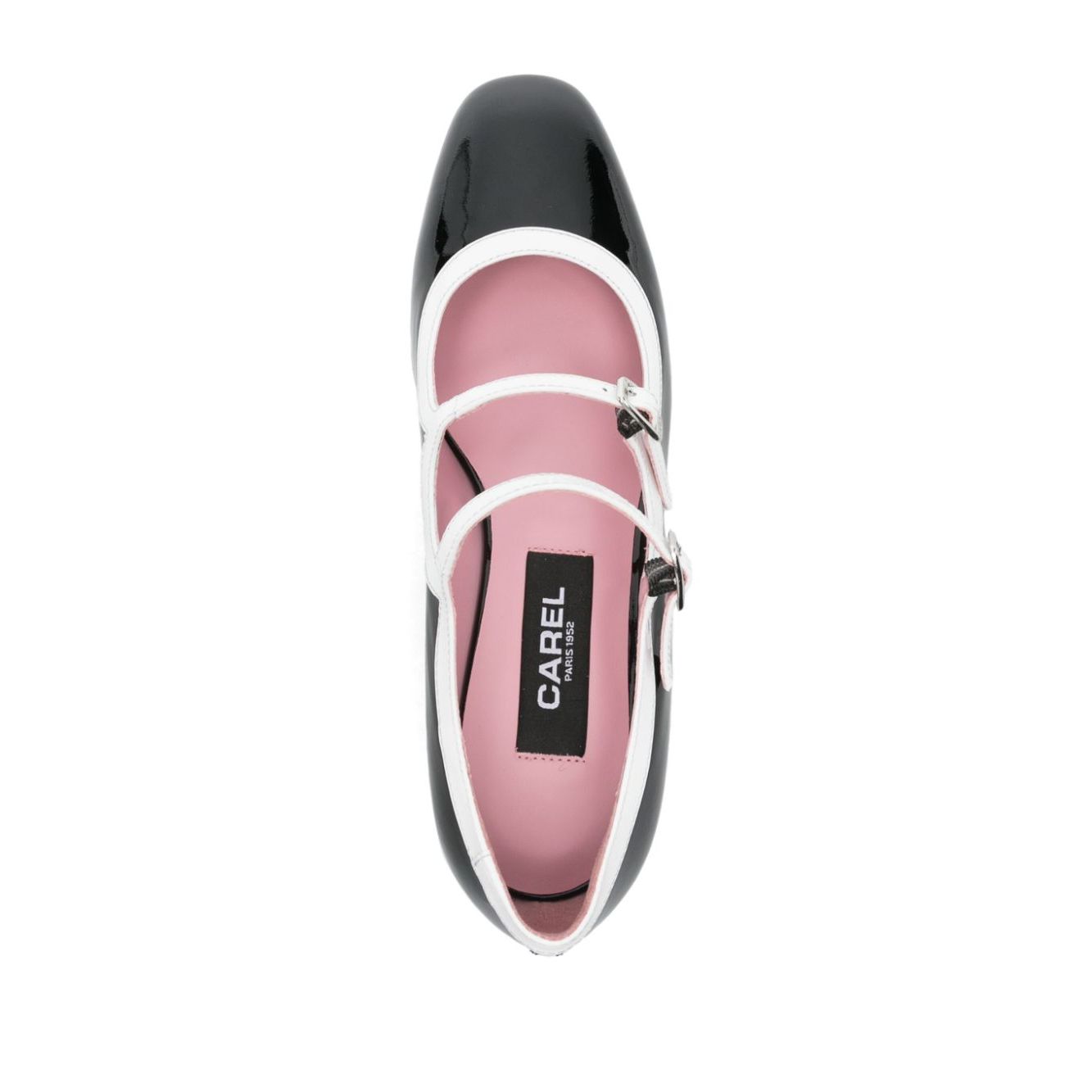 CAREL PARIS With Heel Black Bleuet patent leather pumps with double buckle and block heel. Narrow fit, recommended one size down.