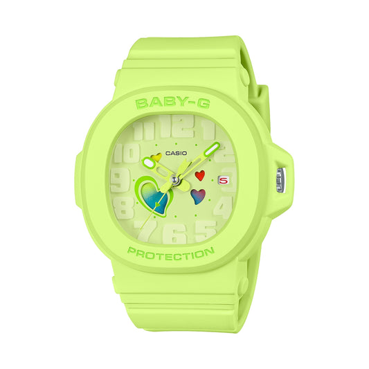 CASIO BABY-G Mod. PLAYFUL HEART SERIES - YELLOW wristwatch with resin case, mineral dial, multifunction quartz movement, and official box packaging.