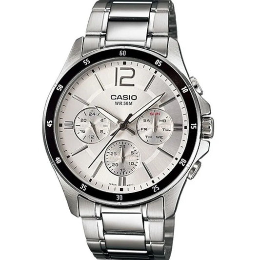 CASIO COLLECTION Mod. MULTIFUNCTION CALENDAR - SILVER wristwatch with stainless steel strap, chronograph, day-date functions, 5 ATM water resistance.