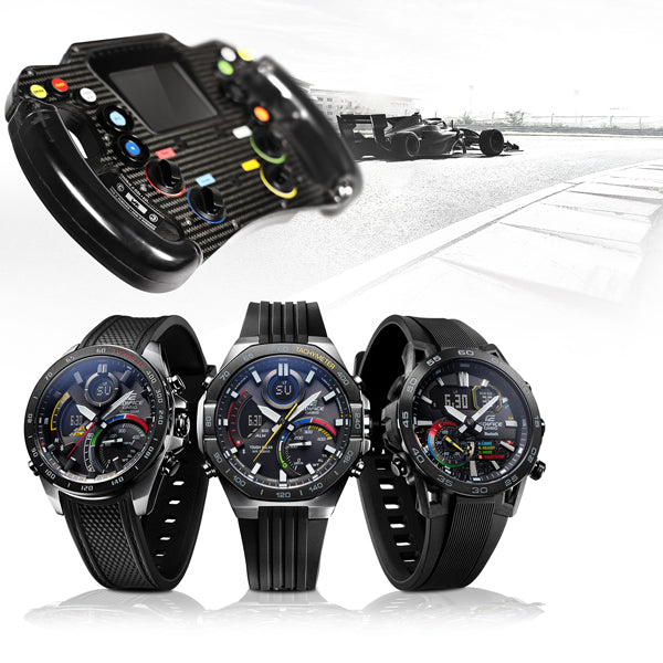 CASIO EDIFICE Mod. RACING MULTI COLOR SERIE wristwatch in official box showcasing multifunctional quartz movement design.