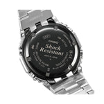 Rear view of CASIO G-SHOCK MASTER OF G Mod. OAK FULL METAL Bluetooth® wristwatch, showcasing shock resistance and stainless steel bracelet.