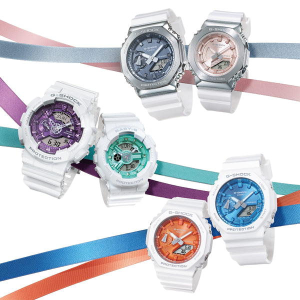Collection of CASIO G-SHOCK Mod. OAK COMPACT - PRECIOUS HEART SERIE watches in various colors, featuring multifunctional quartz movements.
