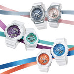 Collection of CASIO G-SHOCK Mod. OAK COMPACT - PRECIOUS HEART SERIE watches in various colors, featuring multifunctional quartz movements.