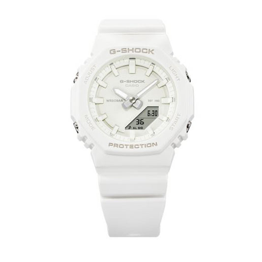 CASIO G-SHOCK Mod. OAK COMPACT - TONE ON TONE SERIE WHITE, ladies' resin quartz wristwatch with 20 ATM water resistance, shown in official packaging.