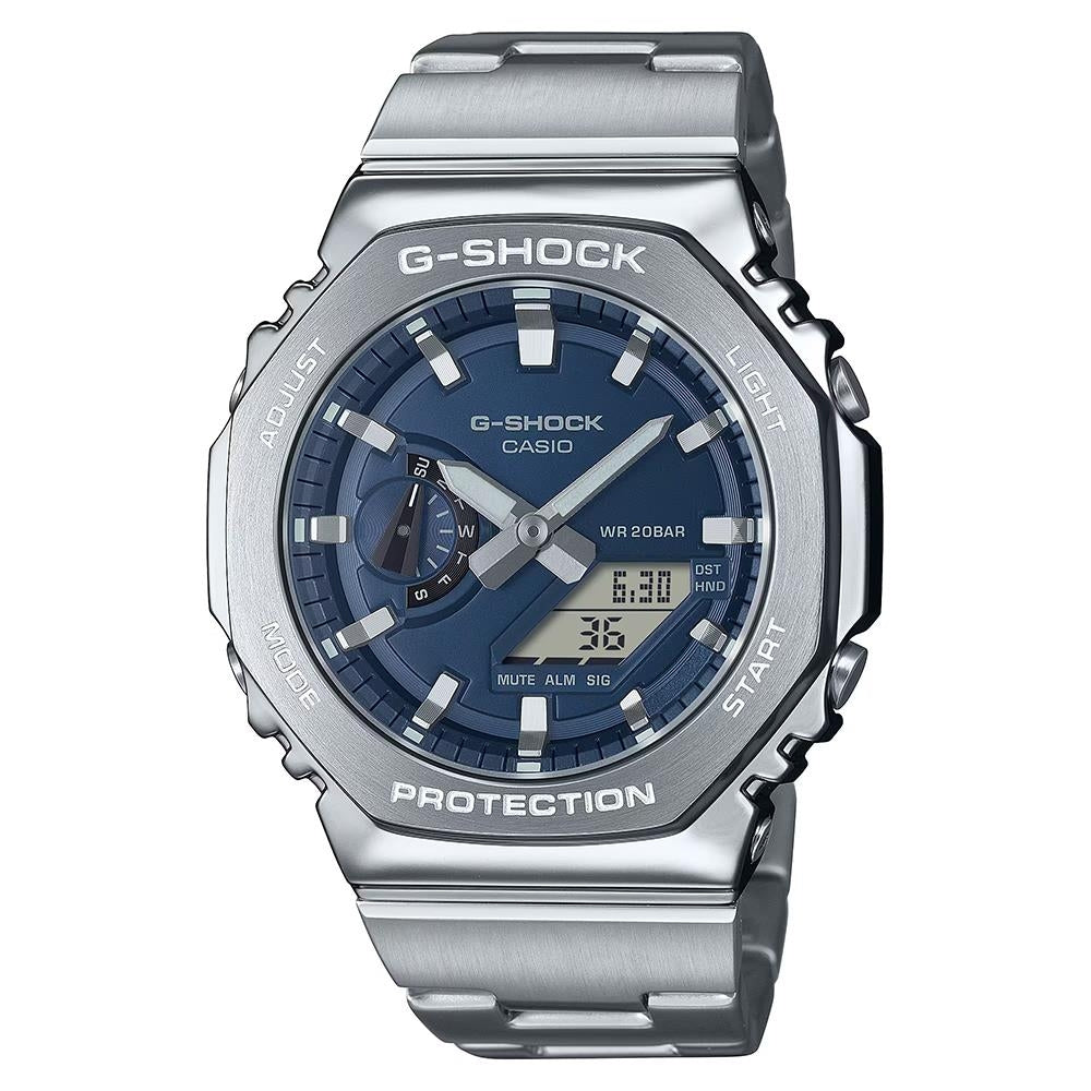CASIO G-SHOCK Mod. OAK G-STEEL PETROL BLUE wristwatch with 20 ATM water resistance, stainless steel case, and multifunction quartz movement.