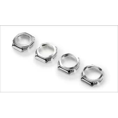 Four silver casings for CASIO G-SHOCK Mod. OAK G-STEEL PETROL BLUE watches on white background